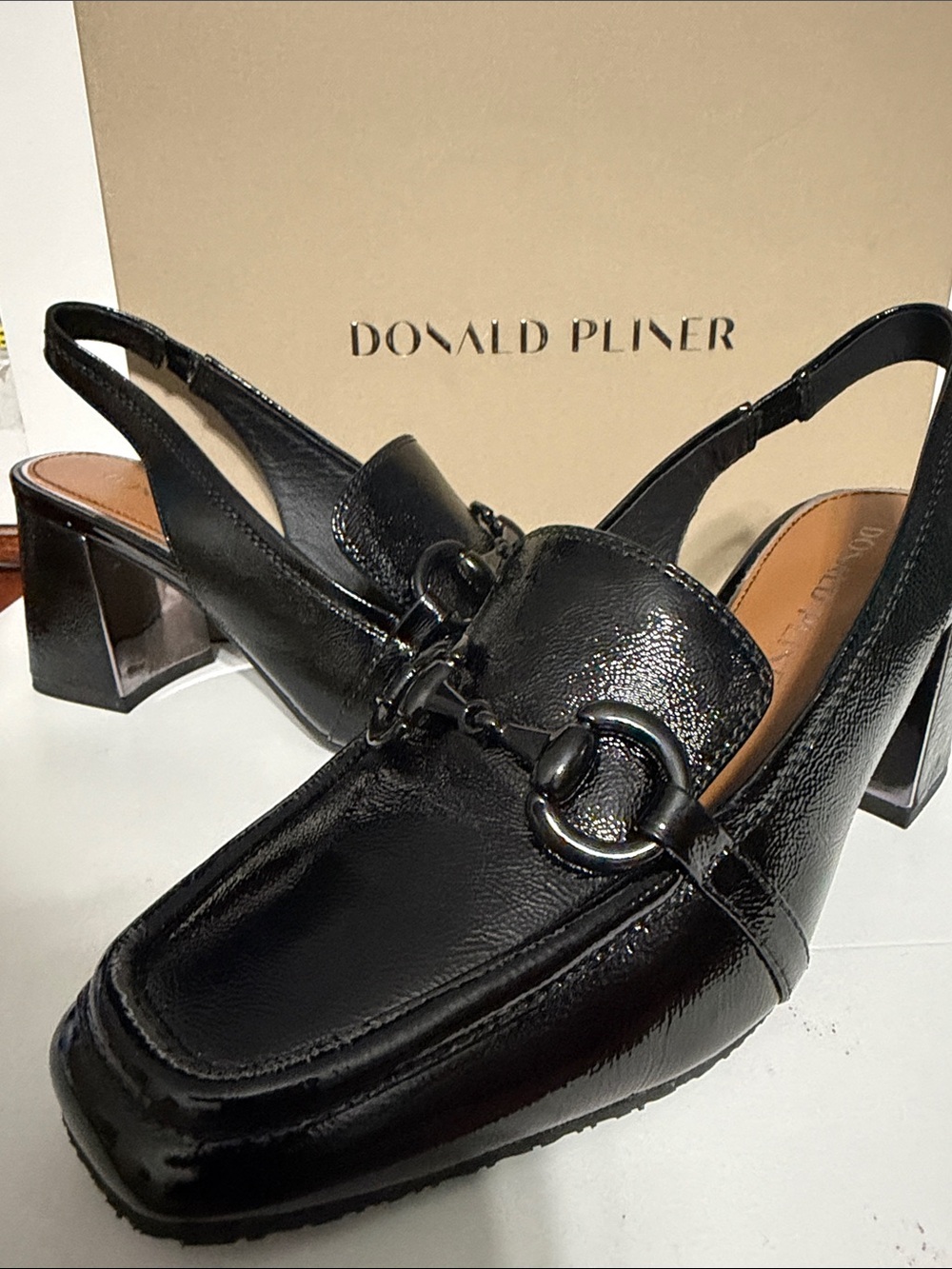 Donald J. Pliner Black Patent Leather Bit Slingback Heels